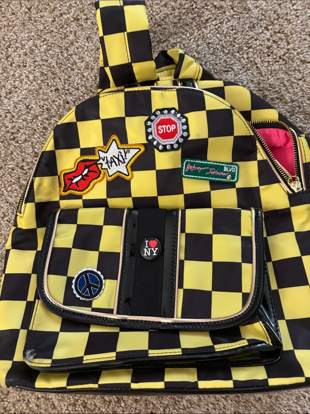 Betsey Johnson Yellow and Black Checkerboard Backpack with Patch Details